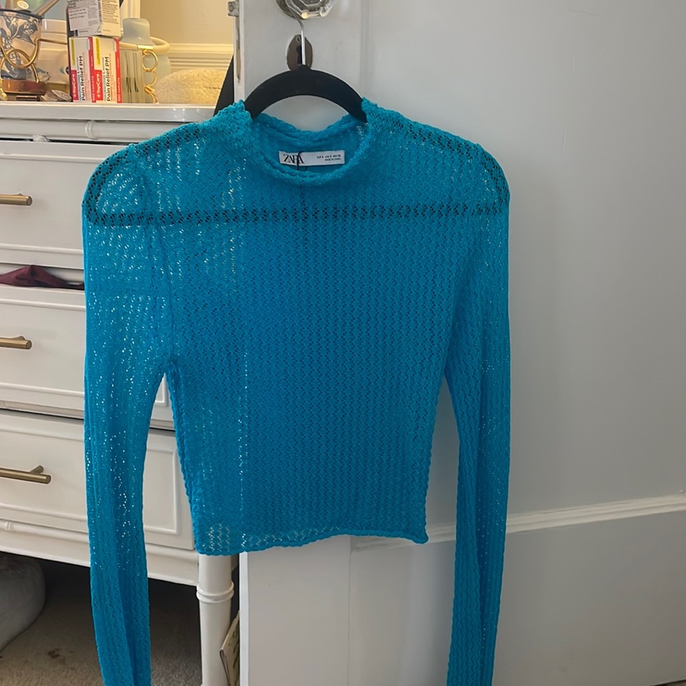 Zara knit see through turquoise mock neck top size S